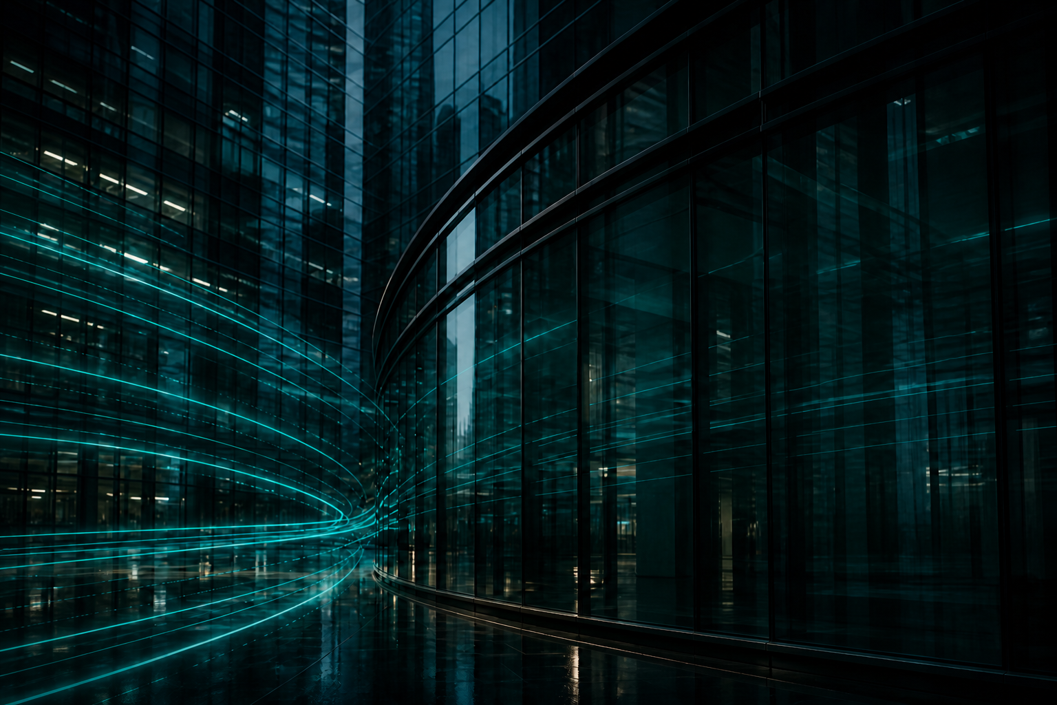 Futuristic architecture with cyan light trails